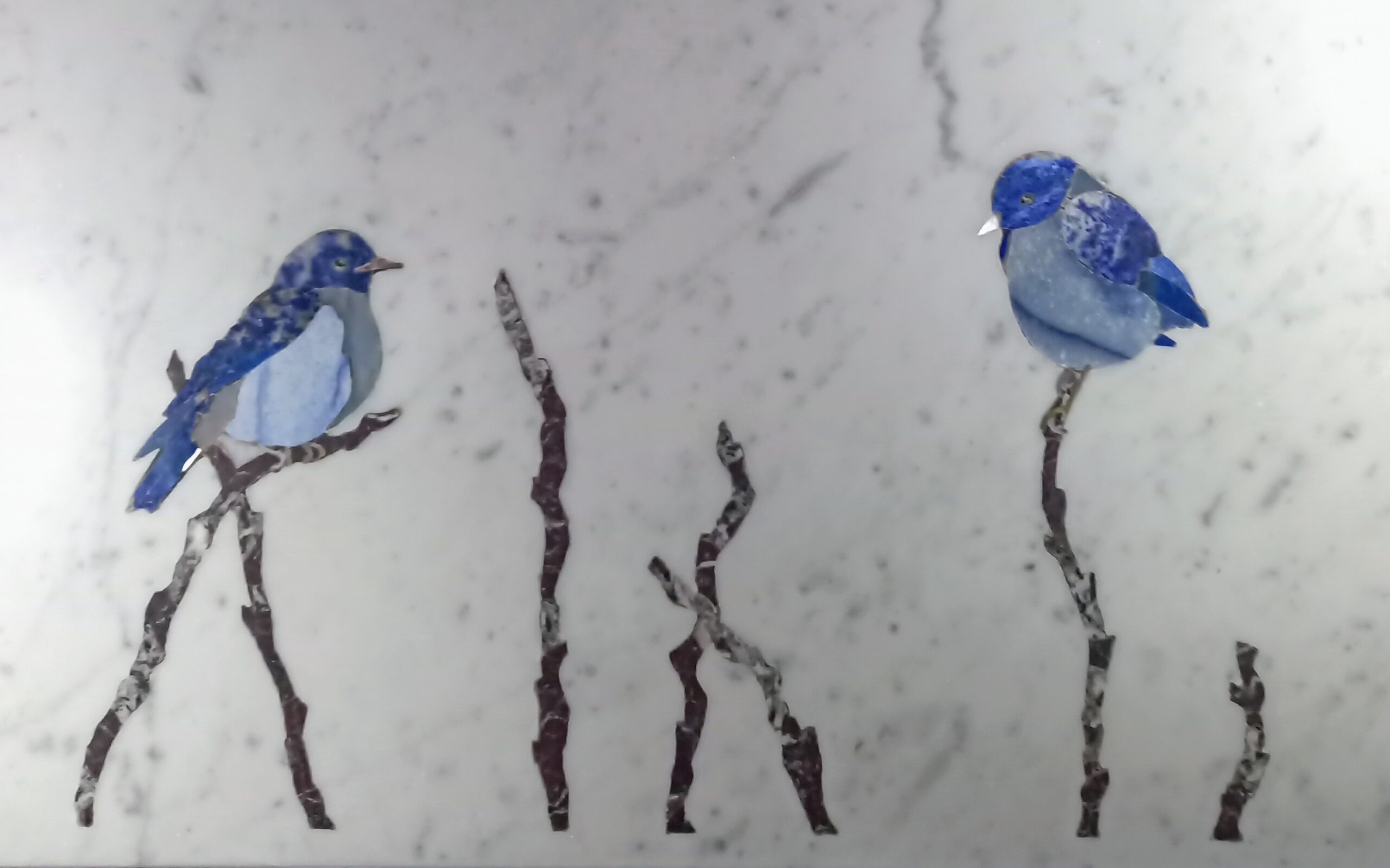 Ces oiseaux sont perchés sur une branche de marbre Levanto. Leurs ailes bleu foncé sont de lapis-lazuli, le reste de leur corps de sodalite et de granit Azul Macaubas, leurs pattes et leur bec de nacre.