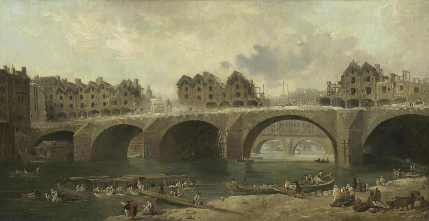 Hubert Robert (1733-1808), « Destruction des maisons du Pont-Neuf », huile sur toile, vers 1786, Karlsruhe, Staatliche Kunsthalle.